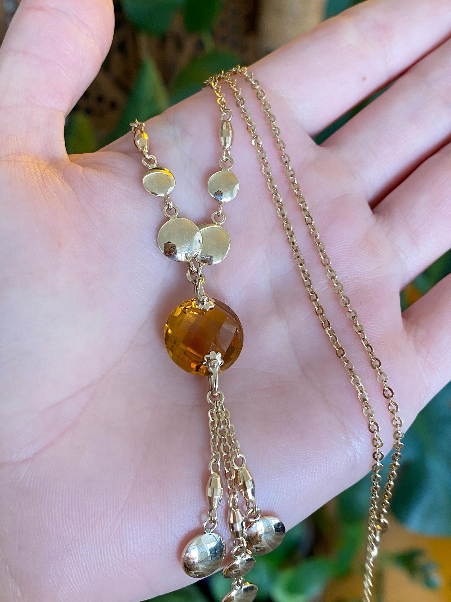 Vintage Solid 14k Yellow Gold Rose Cut Citrine Cable Chain Necklace - 17.75 inches