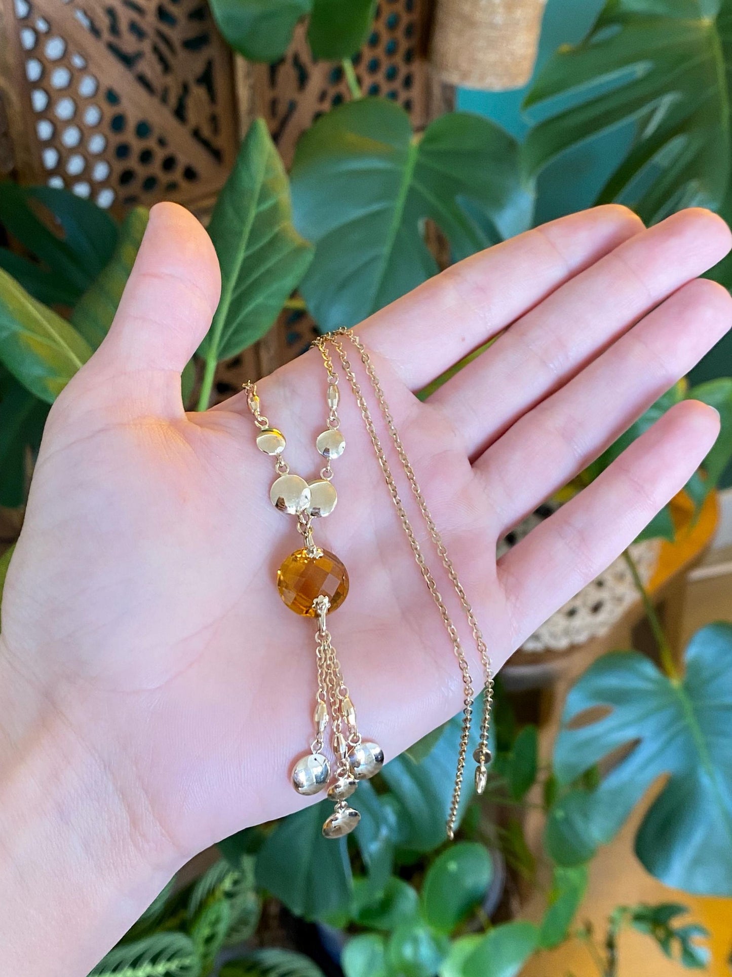 Vintage Solid 14k Yellow Gold Rose Cut Citrine Cable Chain Necklace - 17.75 inches