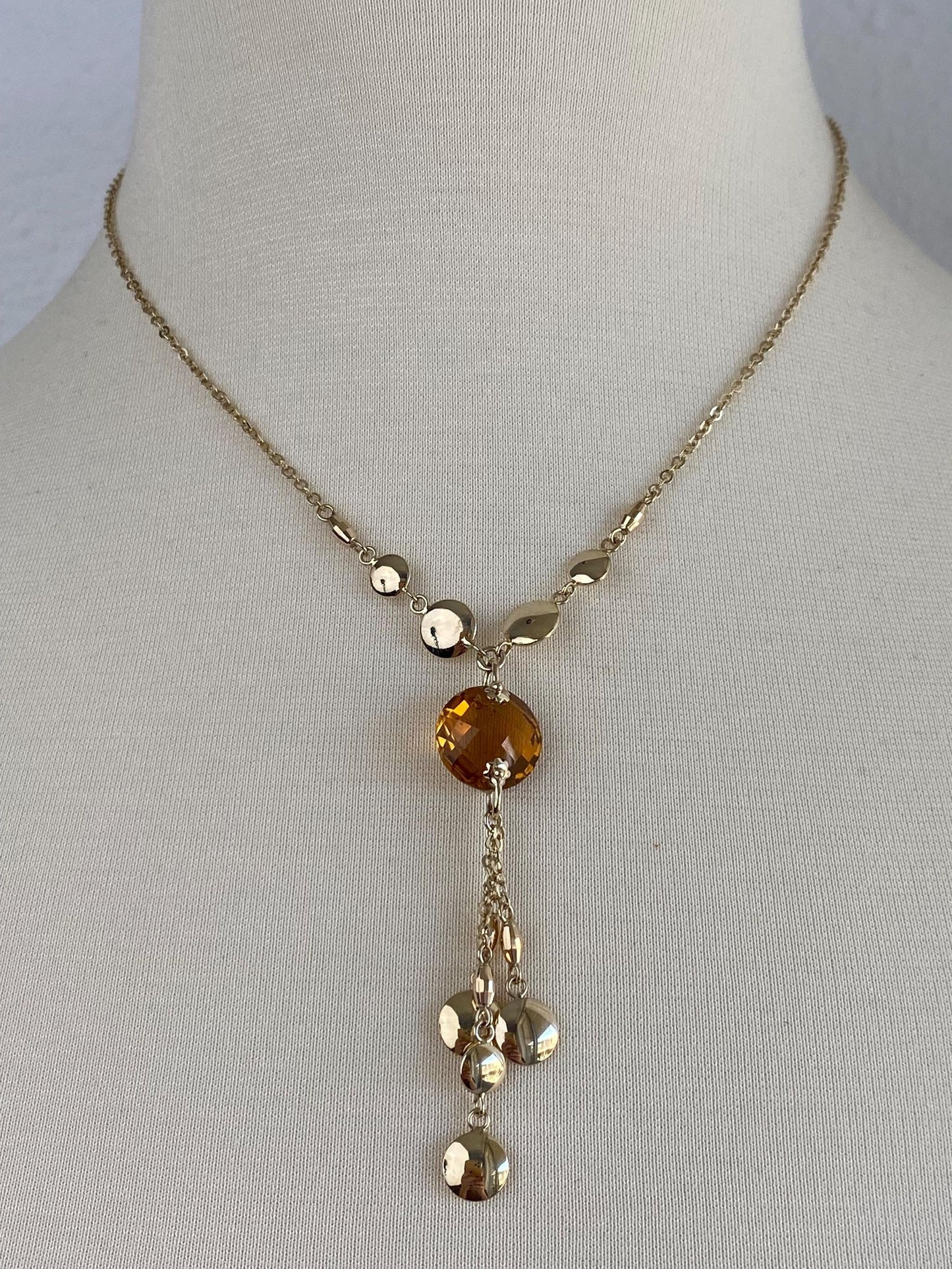 Vintage Solid 14k Yellow Gold Rose Cut Citrine Cable Chain Necklace - 17.75 inches