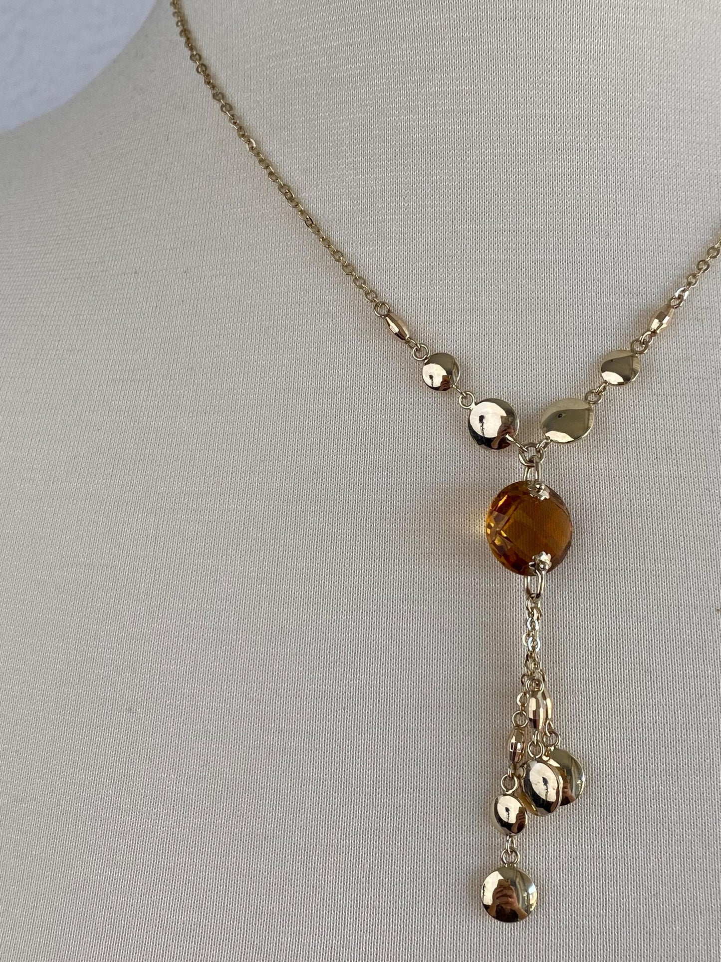 Vintage Solid 14k Yellow Gold Rose Cut Citrine Cable Chain Necklace - 17.75 inches
