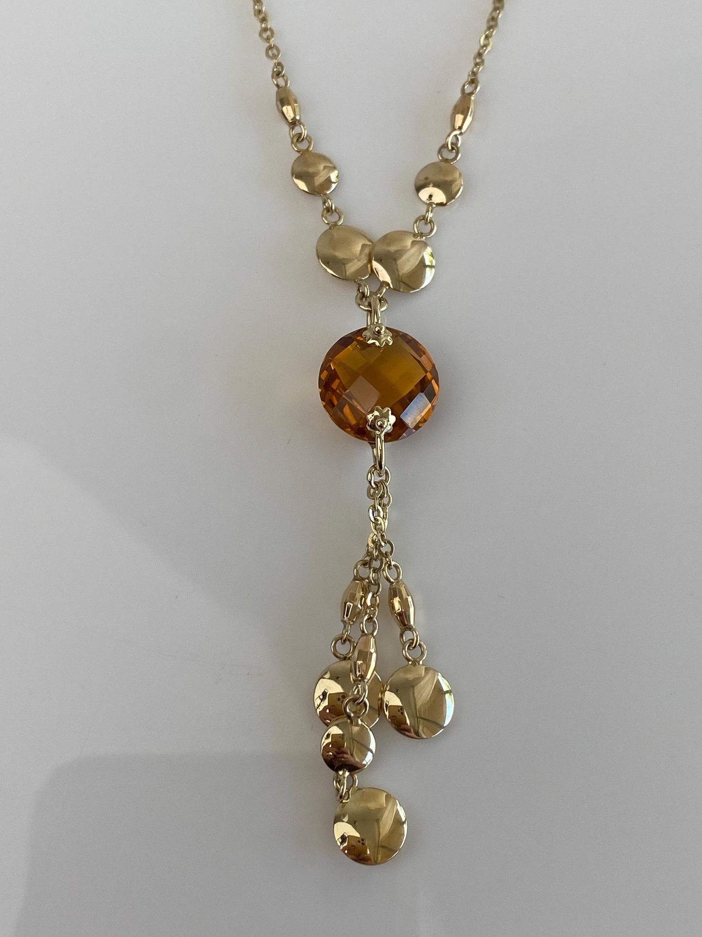 Vintage Solid 14k Yellow Gold Rose Cut Citrine Cable Chain Necklace - 17.75 inches