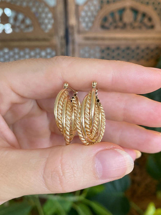 Vintage 14k Yellow Gold Rope Layered Hoop Earrings
