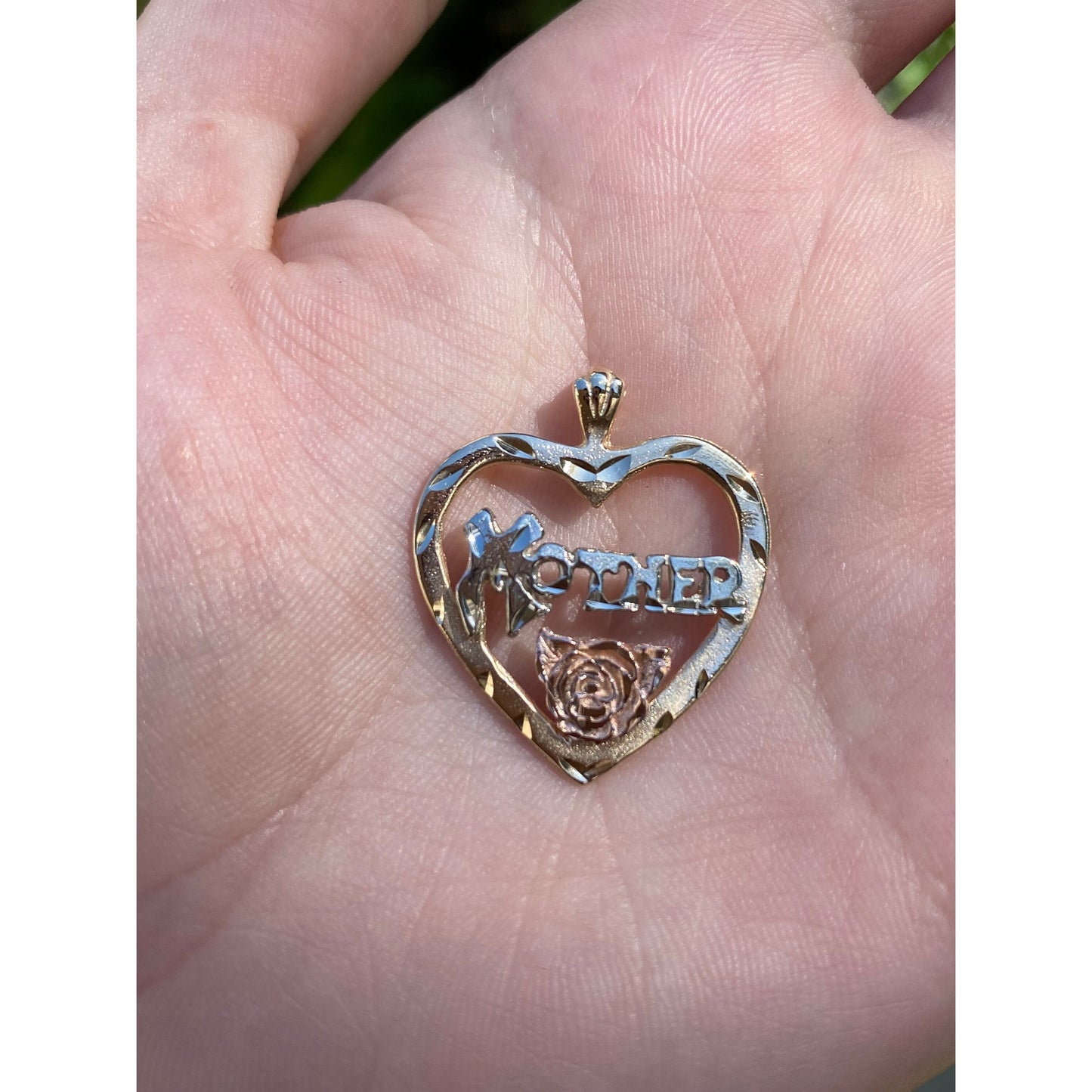 Vintage Solid 14k Tri Tone Gold Diamond Cut 'Mother' Heart Charm