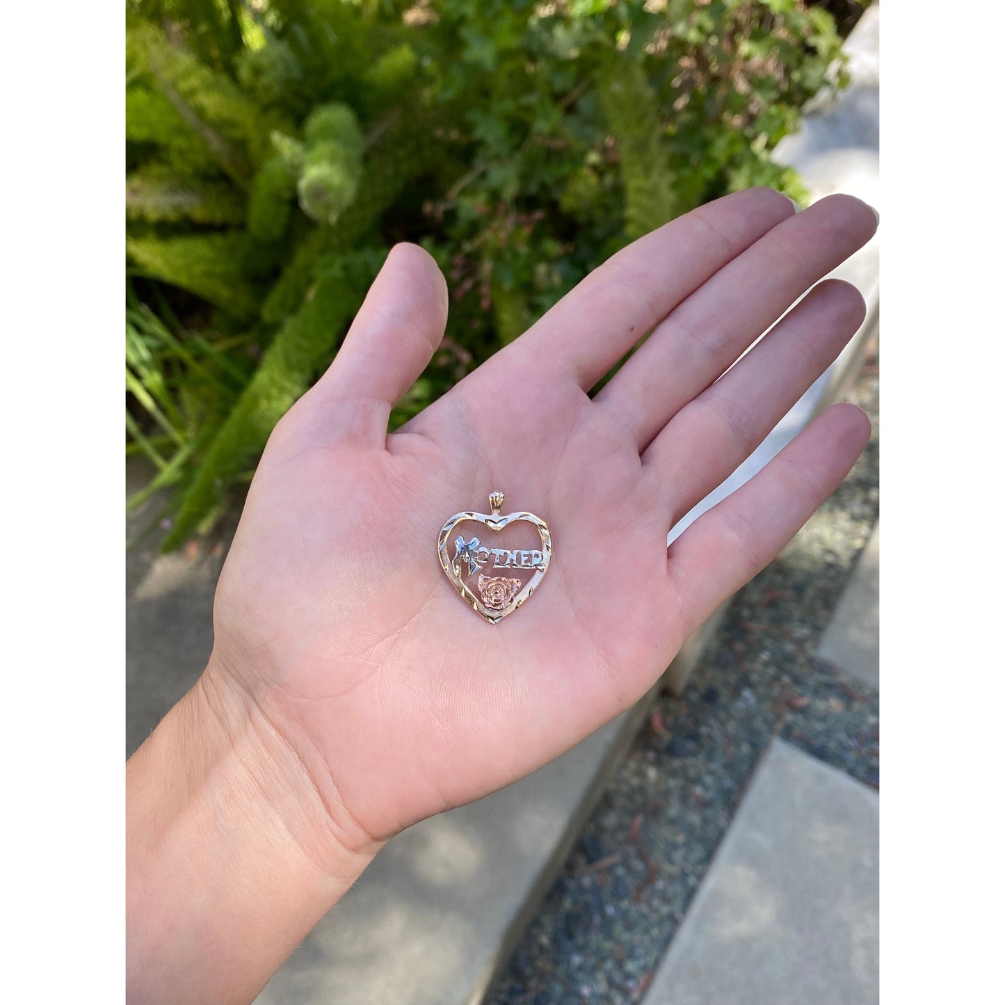 Vintage Solid 14k Tri Tone Gold Diamond Cut 'Mother' Heart Charm