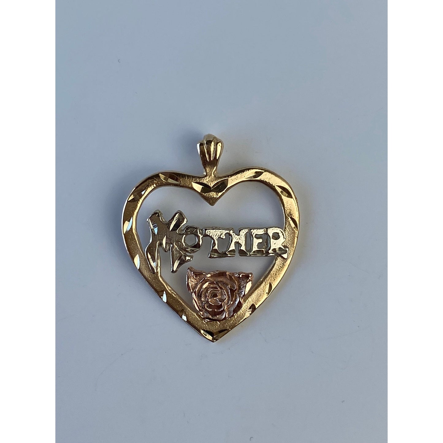 Vintage Solid 14k Tri Tone Gold Diamond Cut 'Mother' Heart Charm