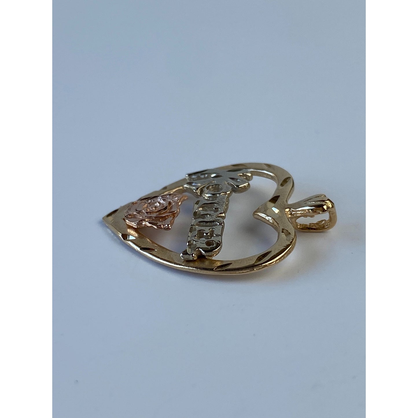 Vintage Solid 14k Tri Tone Gold Diamond Cut 'Mother' Heart Charm