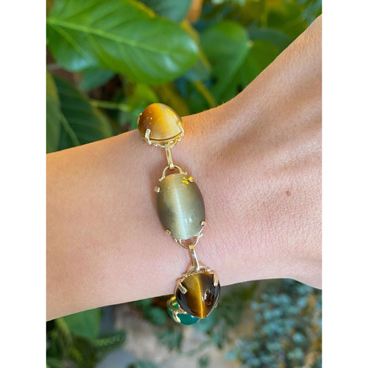 Solid 14k Yellow Gold Tigers Eye Garnet Blue Quartz Green Chalcedony Scarab Link Bracelet - 7.25 inches
