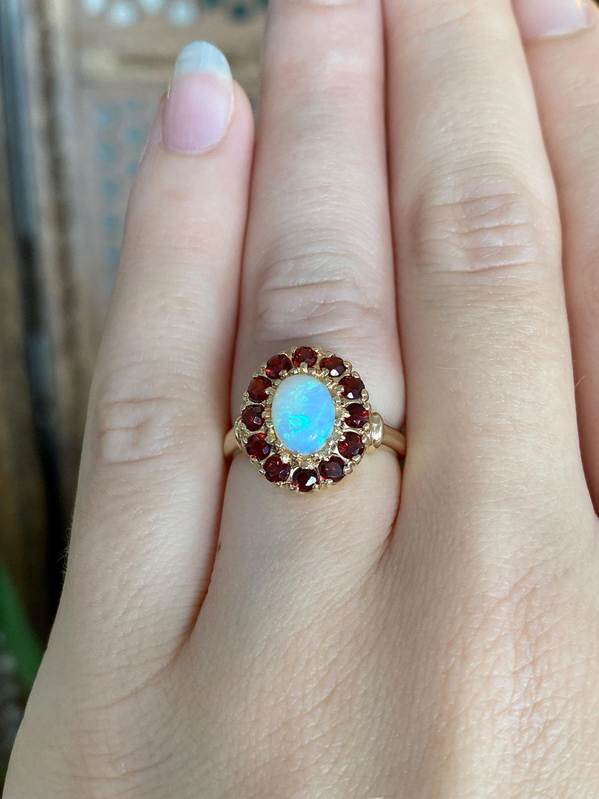 Vintage Solid 10k Yellow Gold Opal Garnet Halo Ring - Size 5