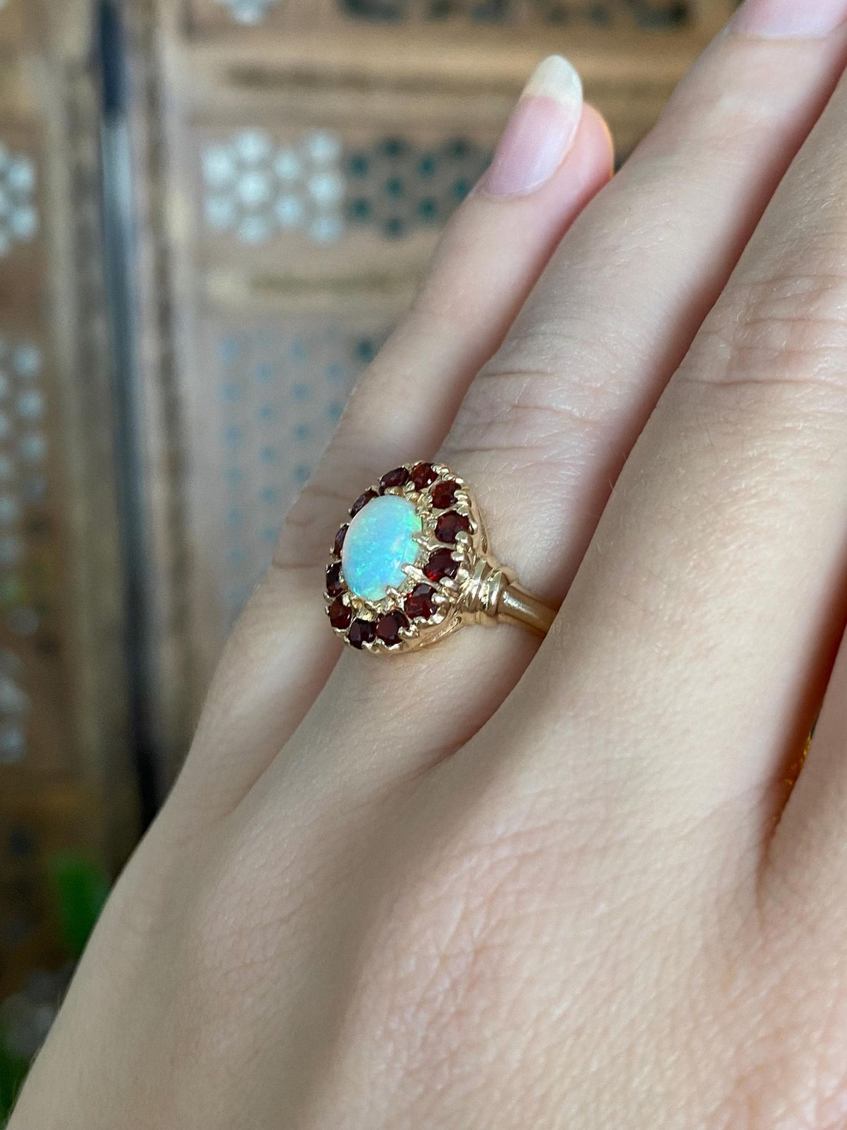 Vintage Solid 10k Yellow Gold Opal Garnet Halo Ring - Size 5