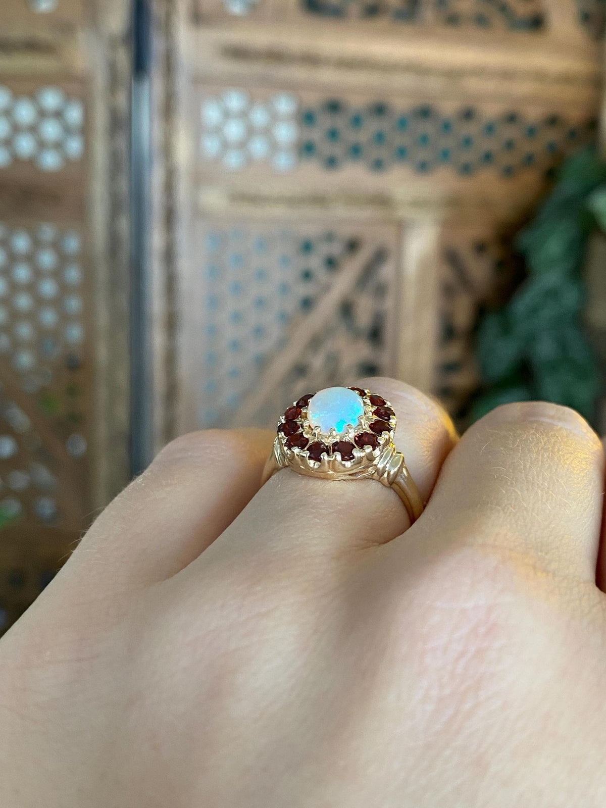 Vintage Solid 10k Yellow Gold Opal Garnet Halo Ring - Size 5
