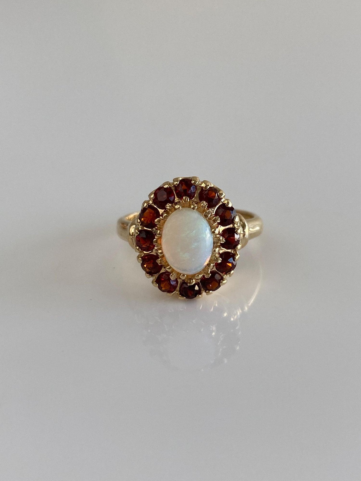 Vintage Solid 10k Yellow Gold Opal Garnet Halo Ring - Size 5