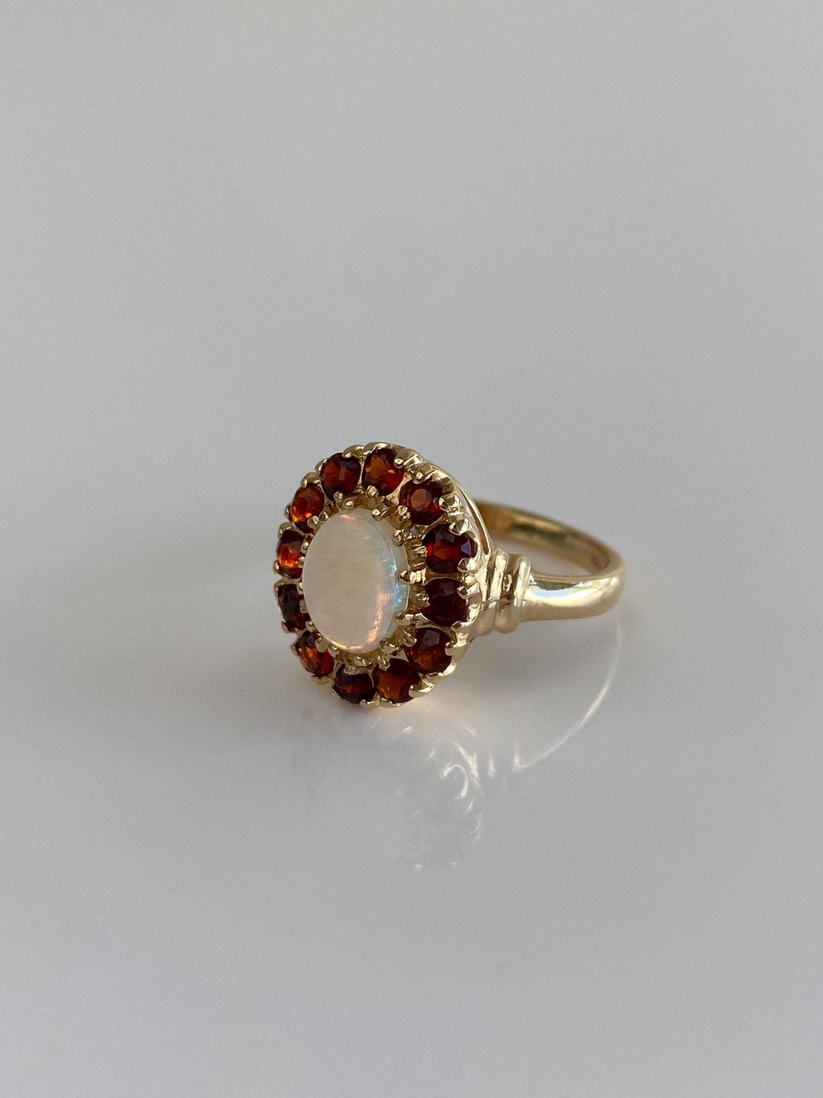 Vintage Solid 10k Yellow Gold Opal Garnet Halo Ring - Size 5
