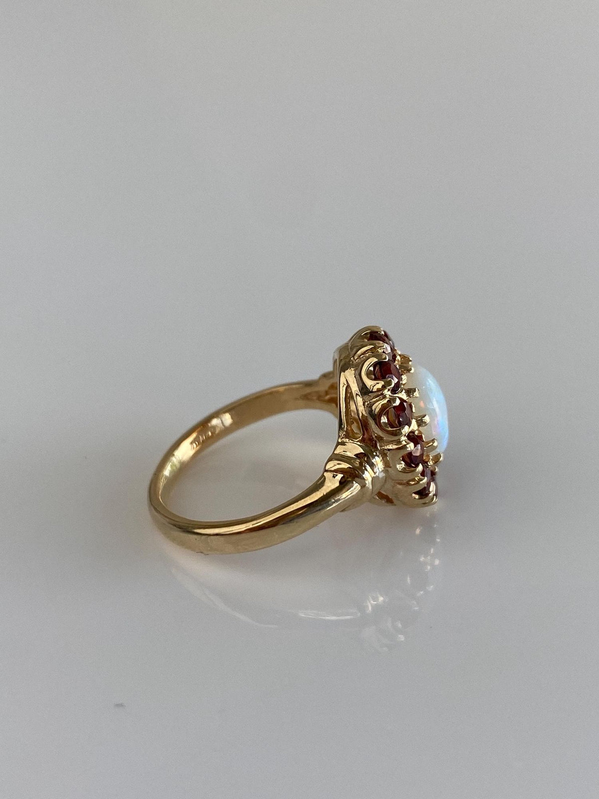 Vintage Solid 10k Yellow Gold Opal Garnet Halo Ring - Size 5
