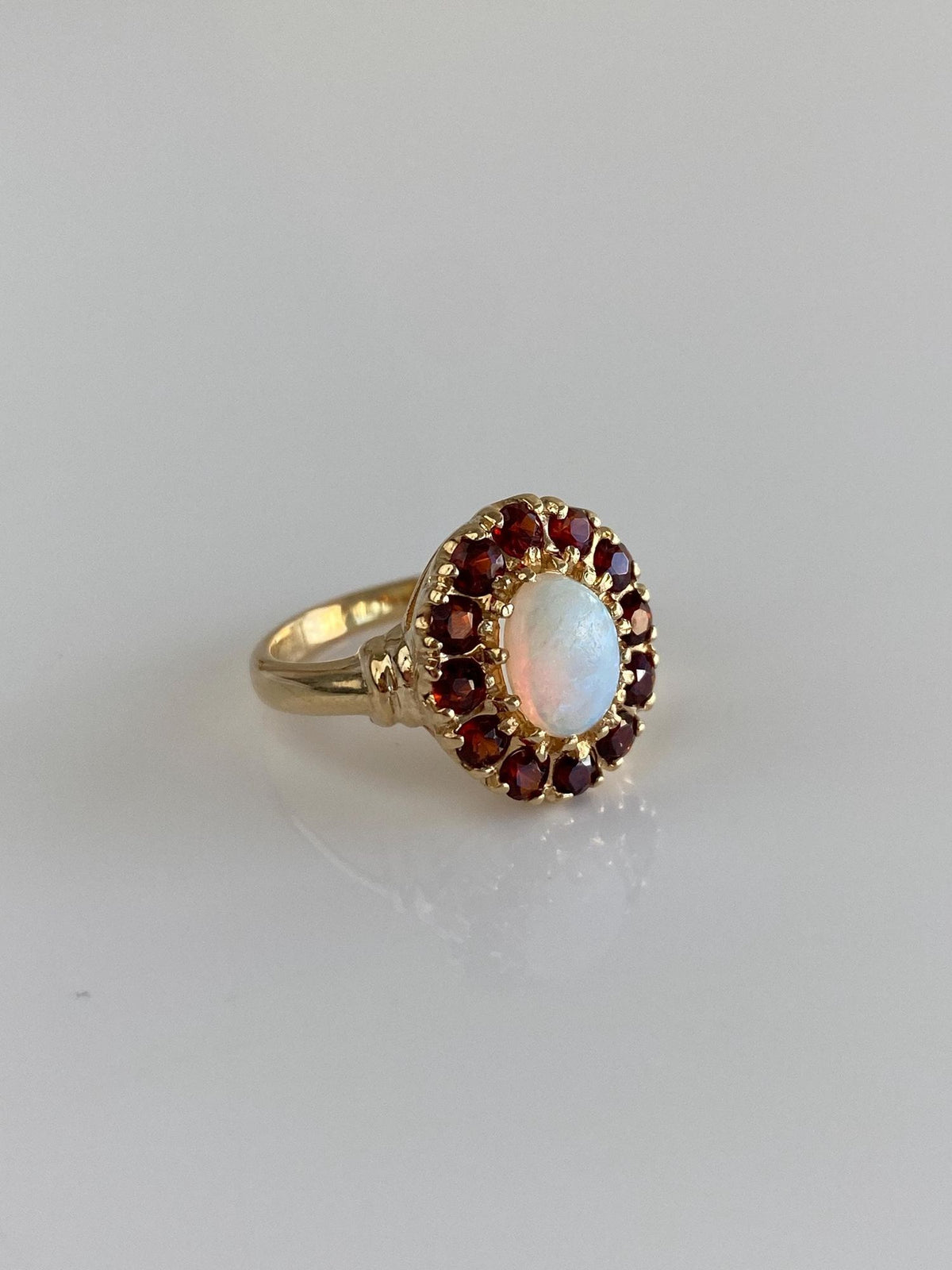Vintage Solid 10k Yellow Gold Opal Garnet Halo Ring - Size 5
