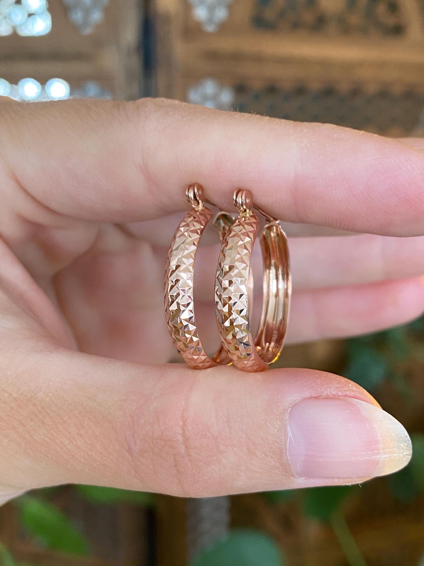 Vintage Solid 14k Rose Gold Pyramid Texture Hoop Earrings