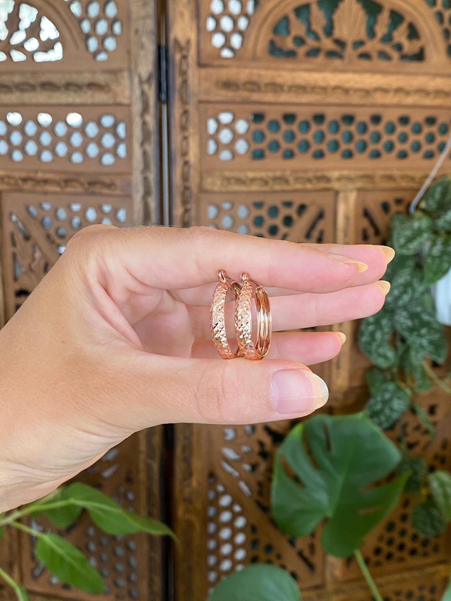 Vintage Solid 14k Rose Gold Pyramid Texture Hoop Earrings