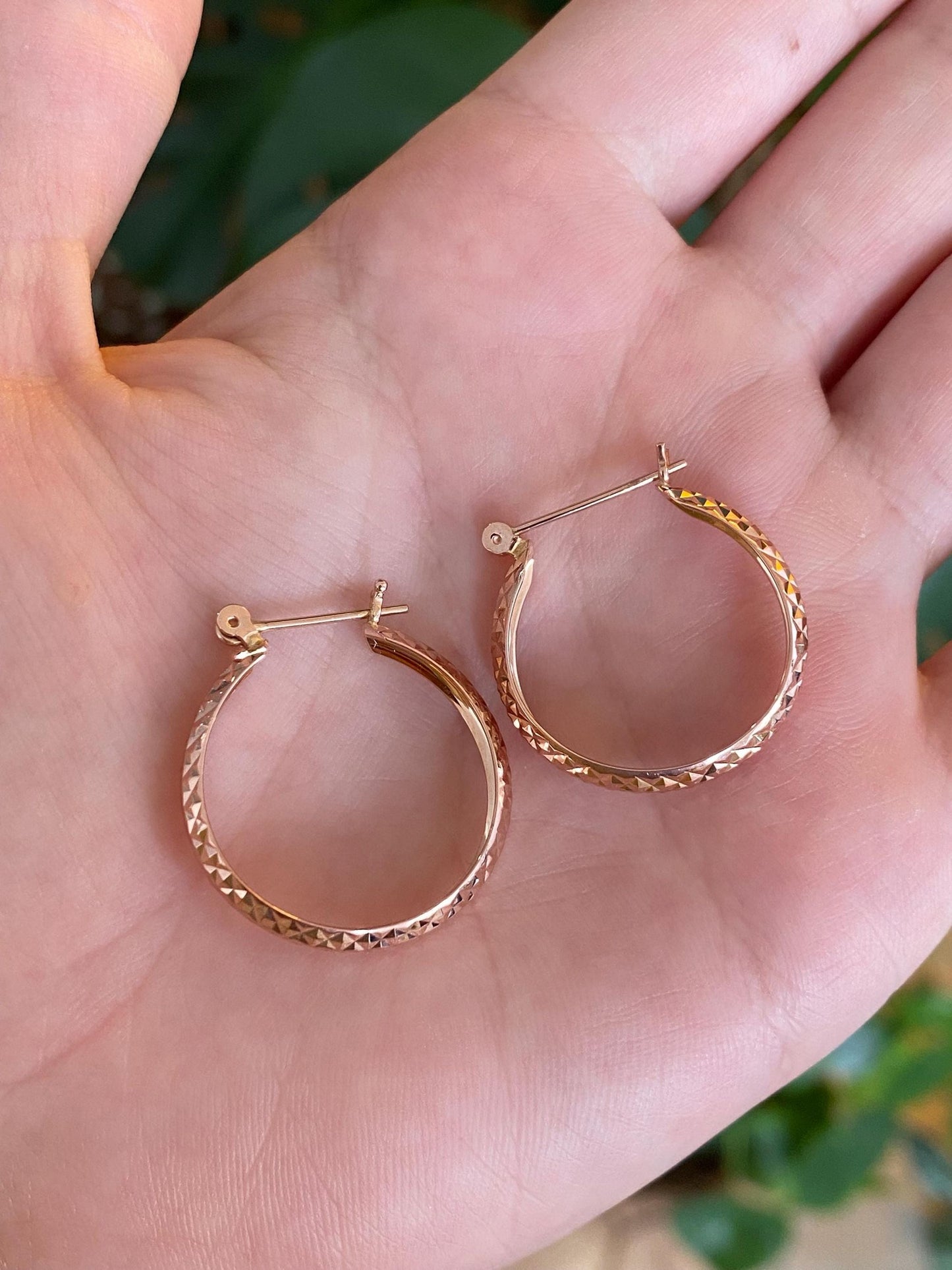 Vintage Solid 14k Rose Gold Pyramid Texture Hoop Earrings