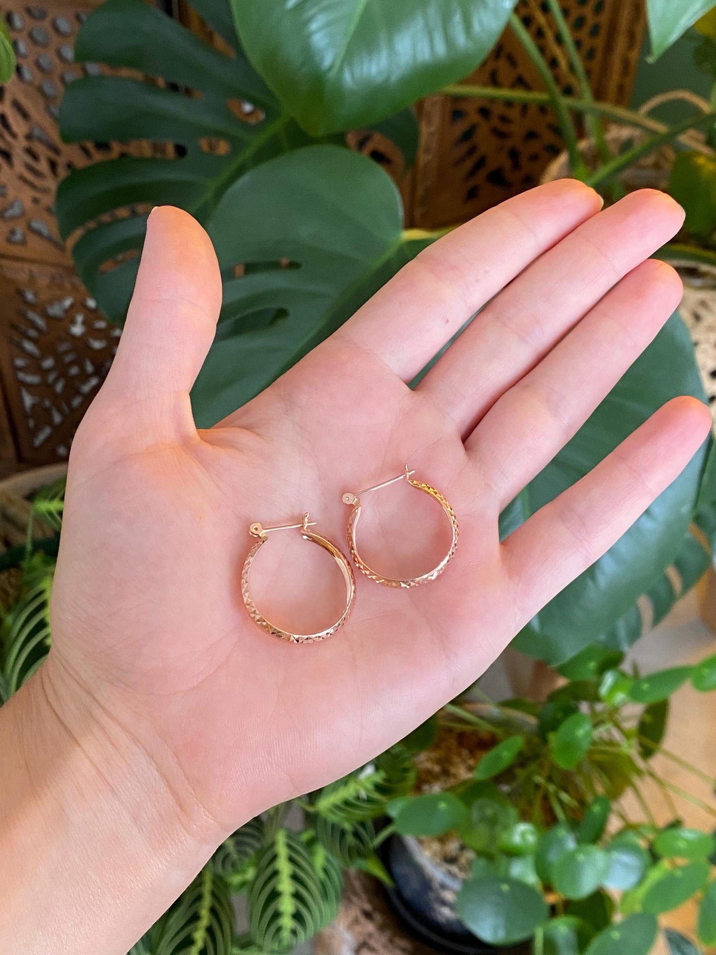 Vintage Solid 14k Rose Gold Pyramid Texture Hoop Earrings