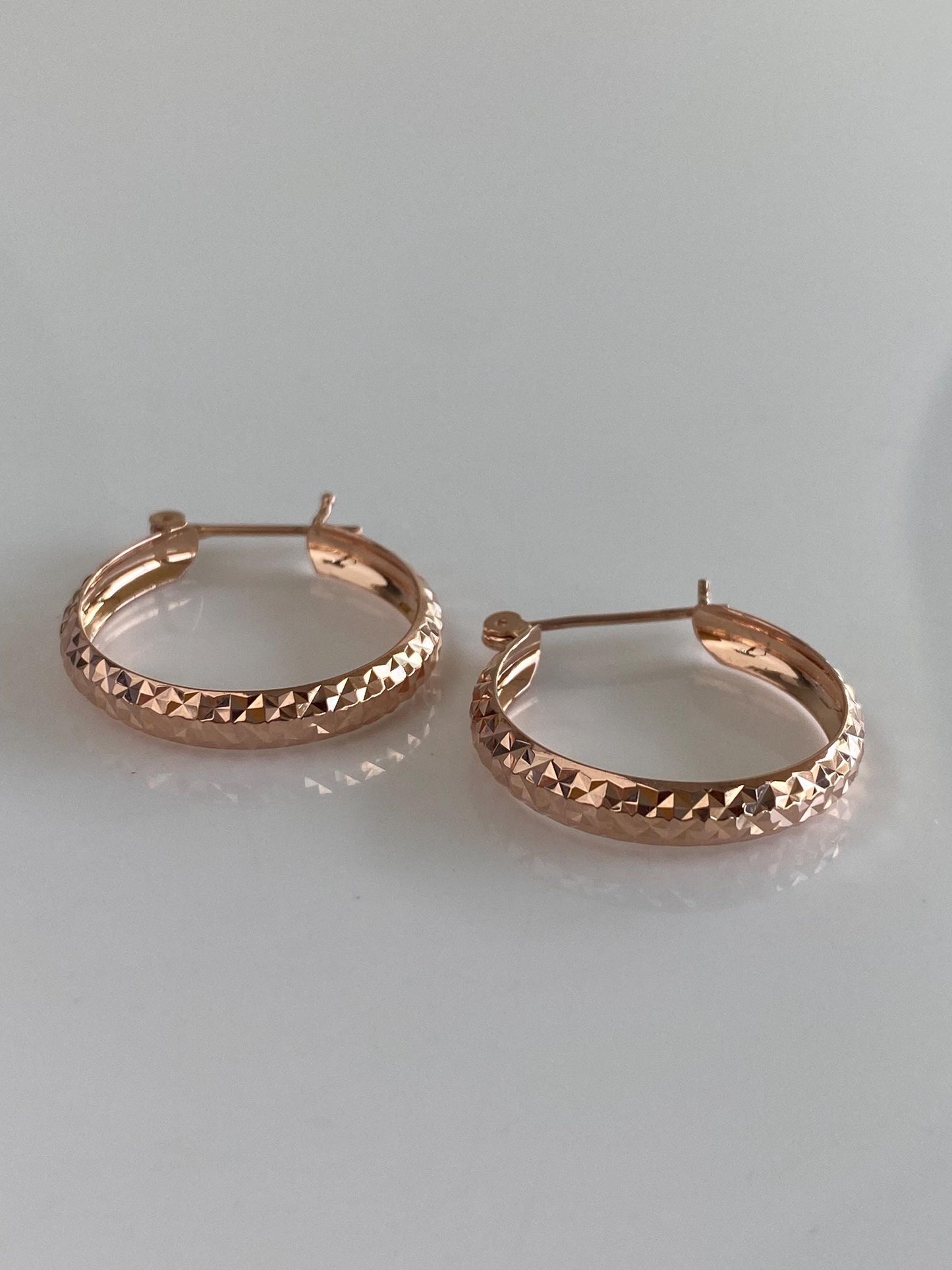 Vintage Solid 14k Rose Gold Pyramid Texture Hoop Earrings