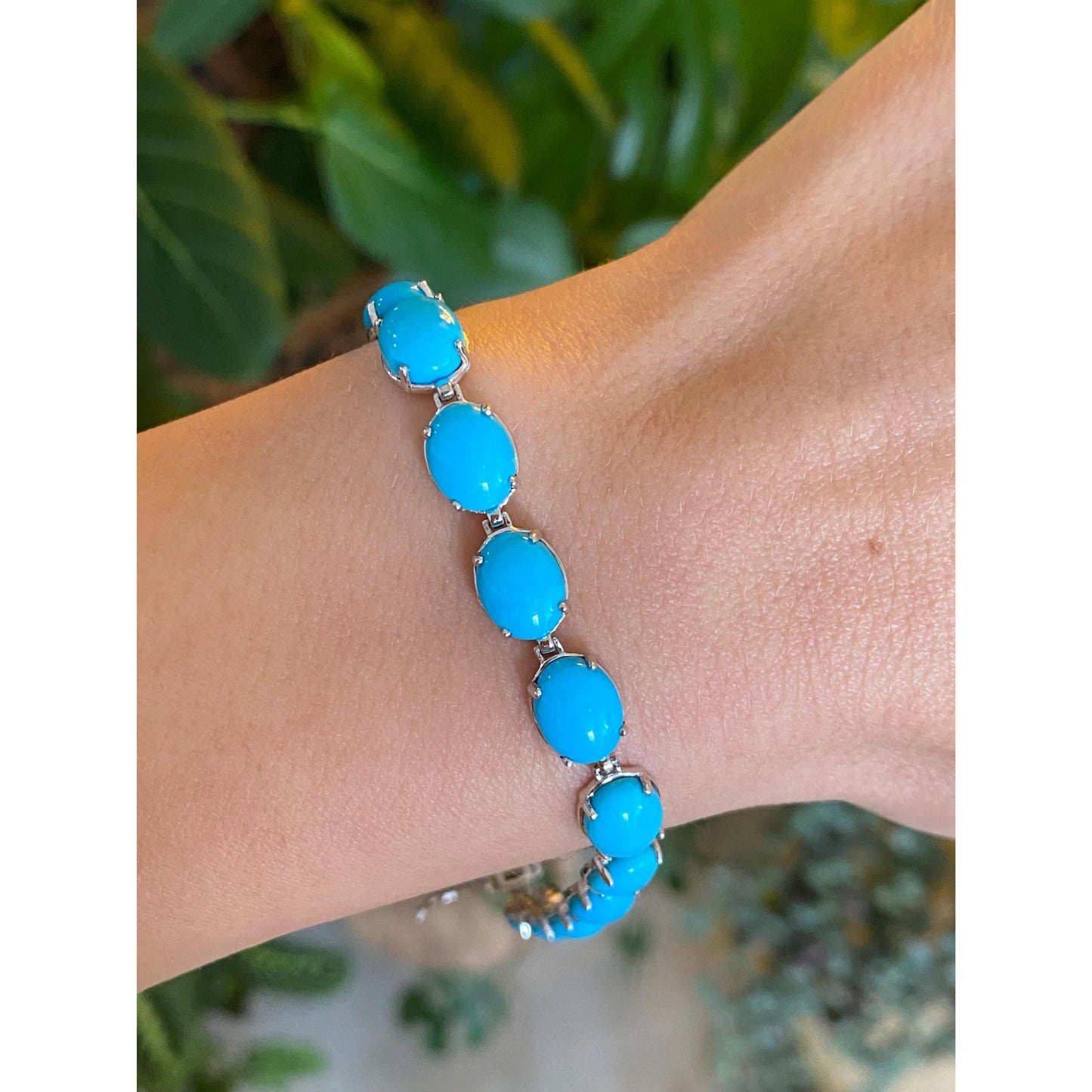 Vintage Solid 10k White Gold Turquoise Resin Link Bracelet - 8.25 inches