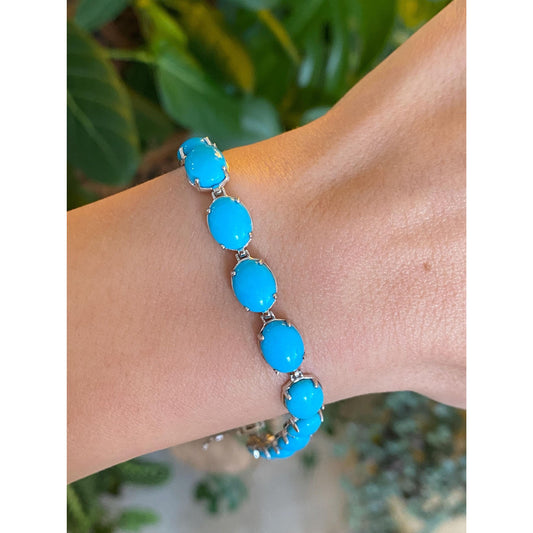 Vintage Solid 10k White Gold Turquoise Resin Link Bracelet - 8.25 inches