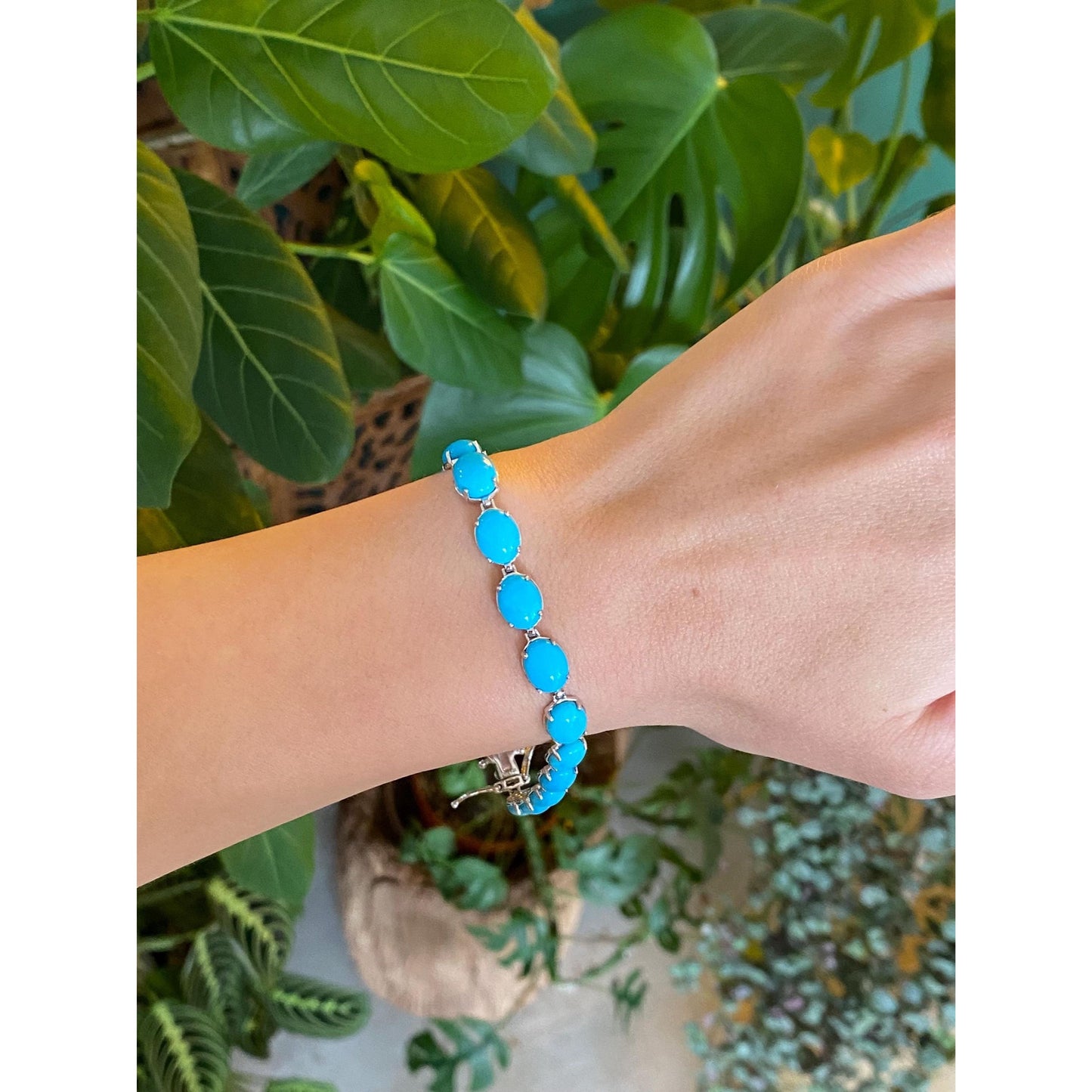 Vintage Solid 10k White Gold Turquoise Resin Link Bracelet - 8.25 inches