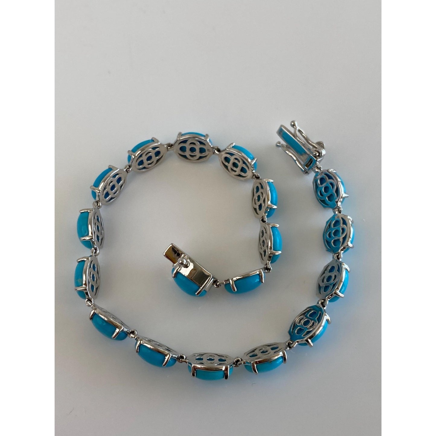 Vintage Solid 10k White Gold Turquoise Resin Link Bracelet - 8.25 inches