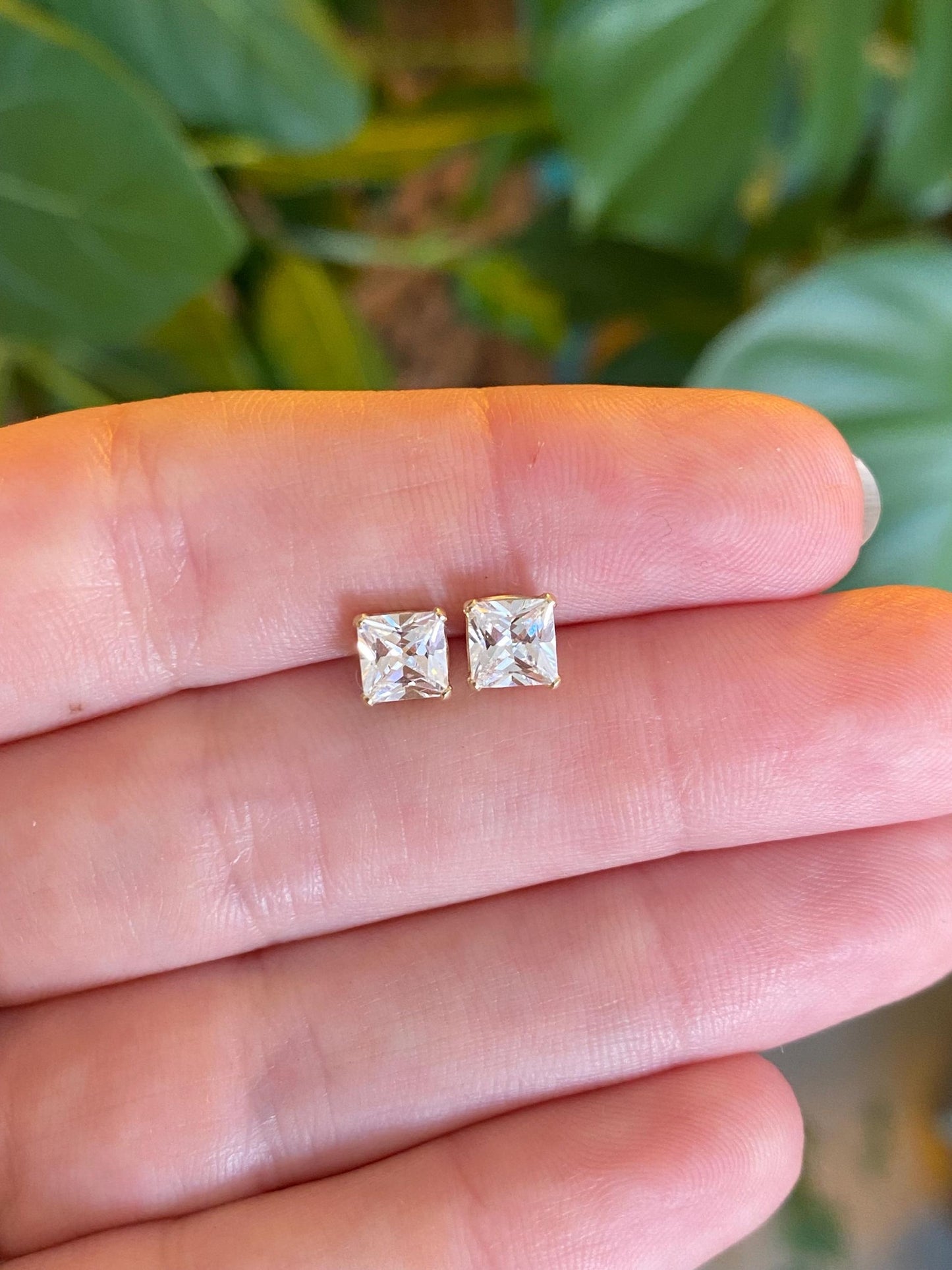 Vintage Solid 14k Yellow Gold Cubic Zirconia Square Stud Earrings