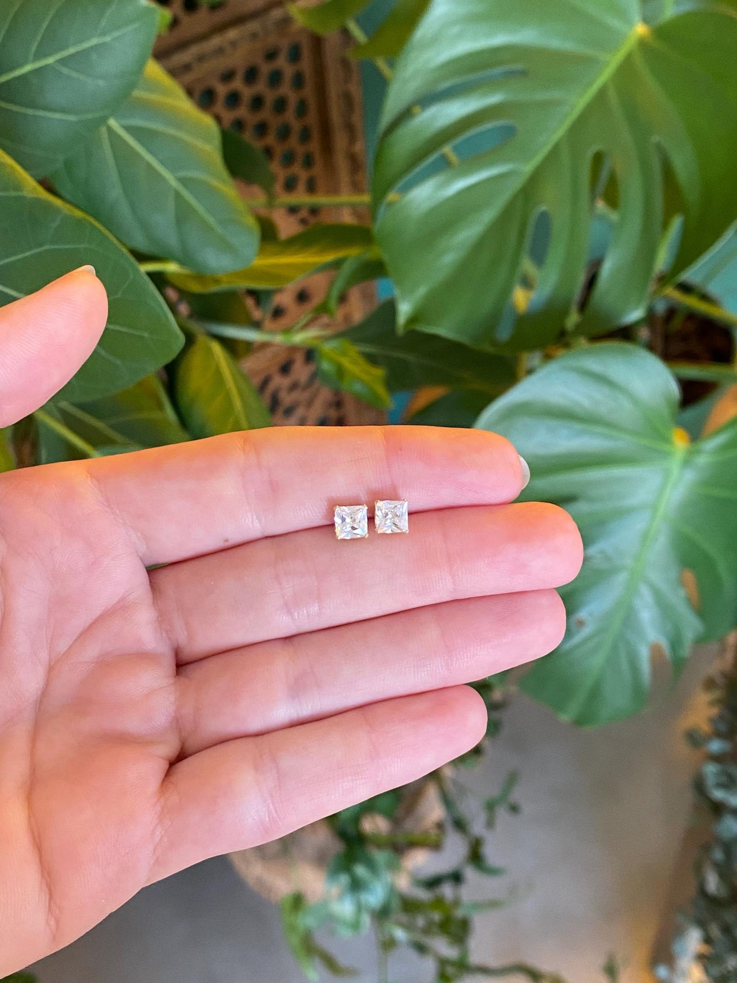 Vintage Solid 14k Yellow Gold Cubic Zirconia Square Stud Earrings