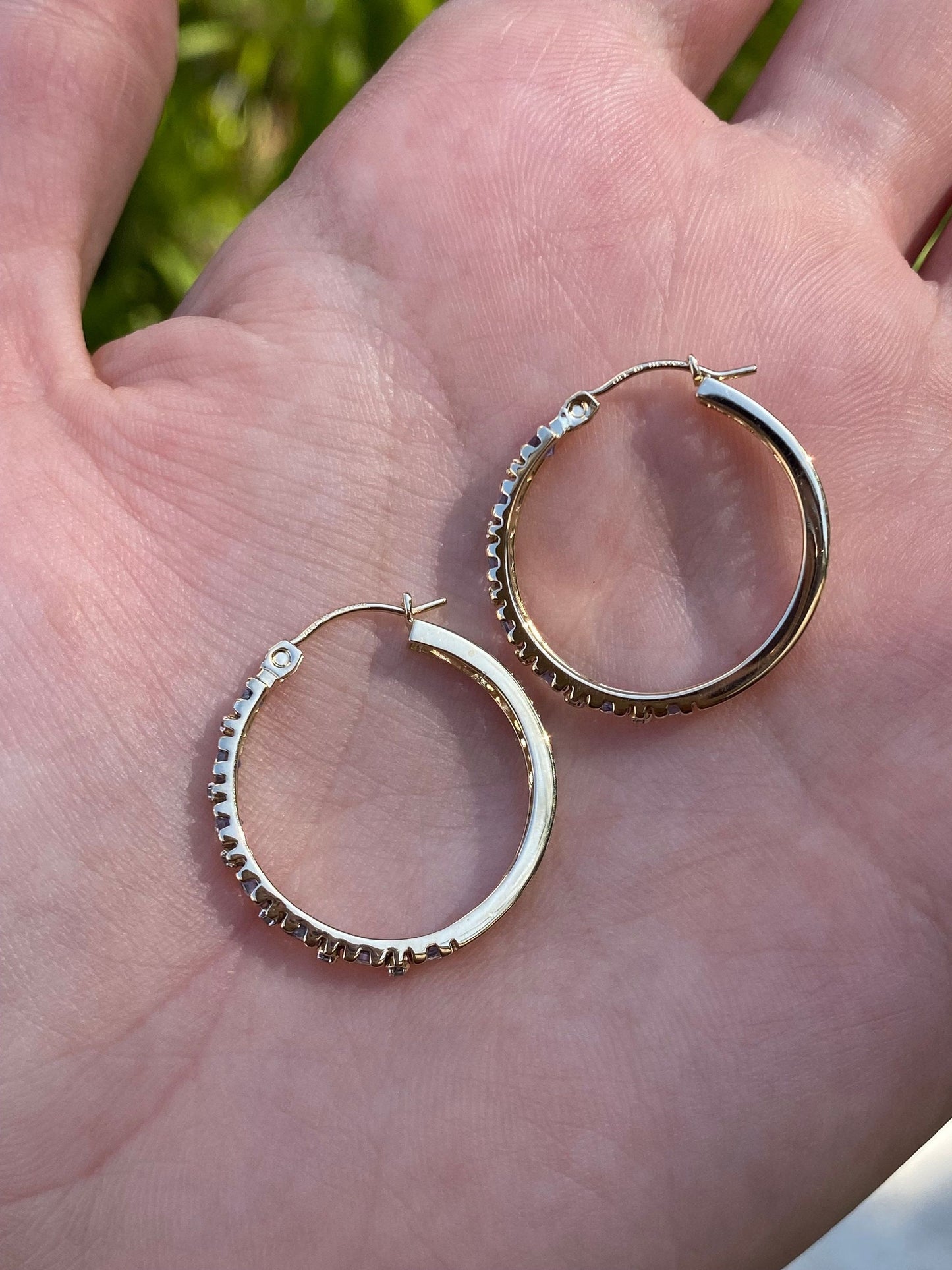 Vintage Solid 14k Yellow Gold Tanzanite & Diamond Hoop Earrings