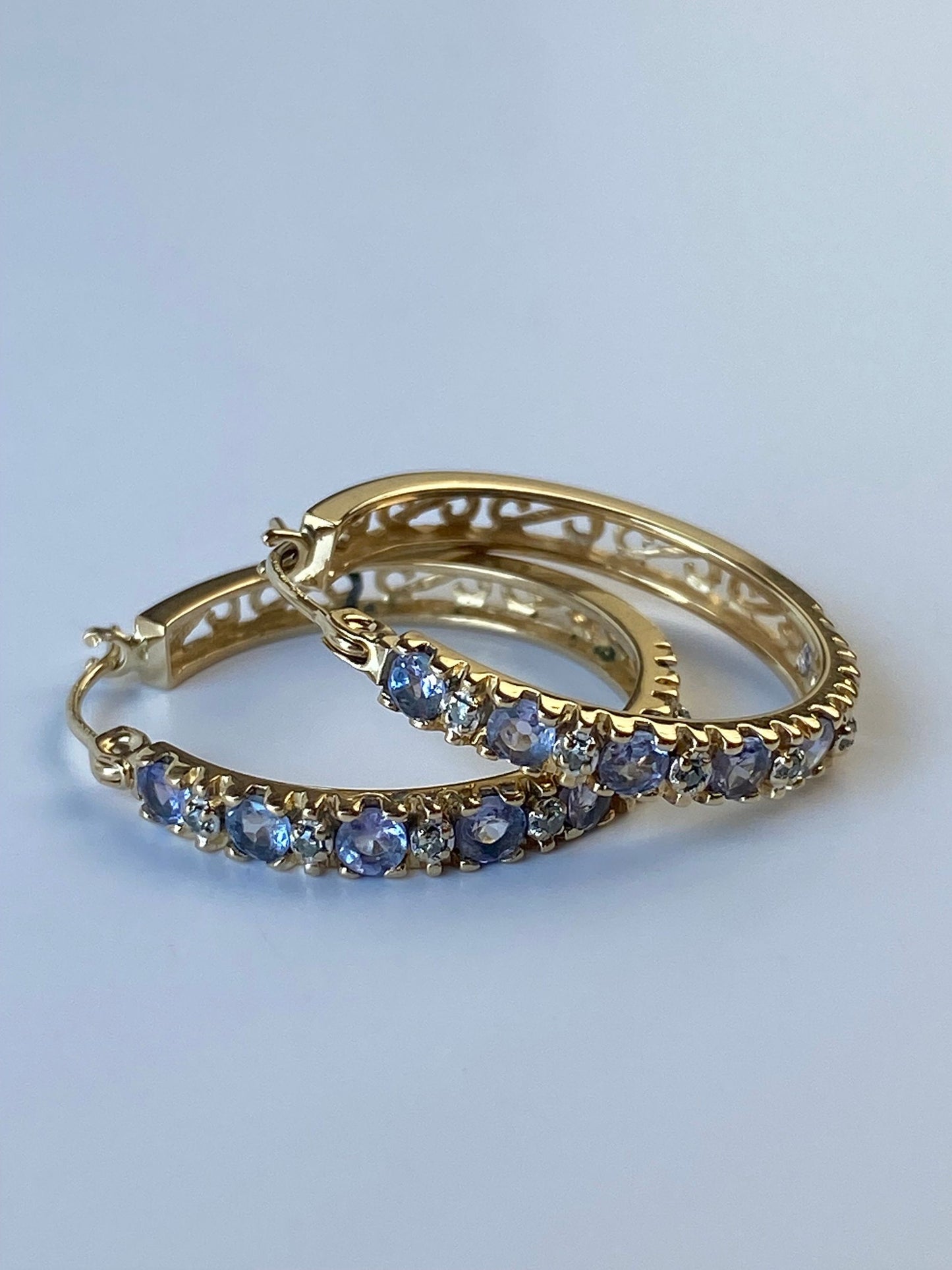 Vintage Solid 14k Yellow Gold Tanzanite & Diamond Hoop Earrings