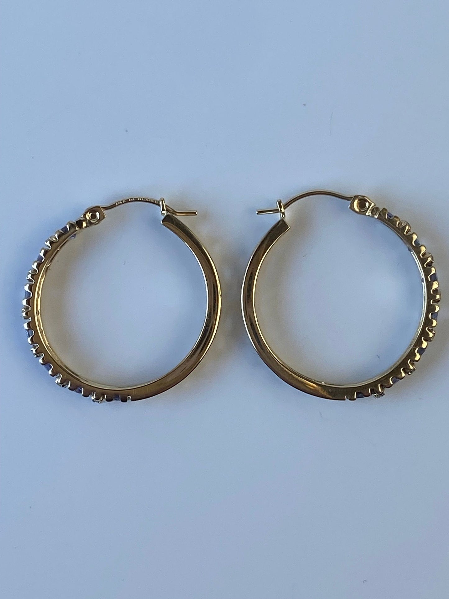 Vintage Solid 14k Yellow Gold Tanzanite & Diamond Hoop Earrings