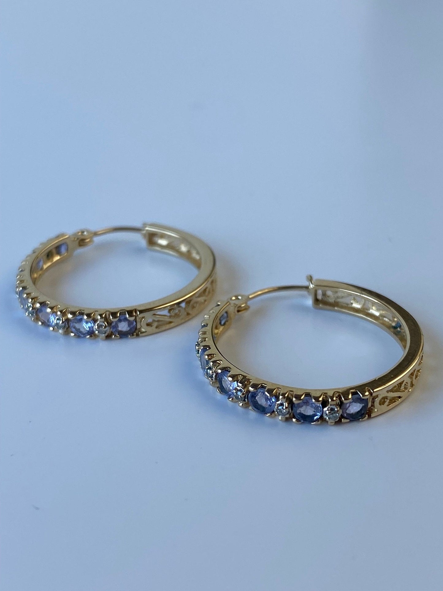 Vintage Solid 14k Yellow Gold Tanzanite & Diamond Hoop Earrings