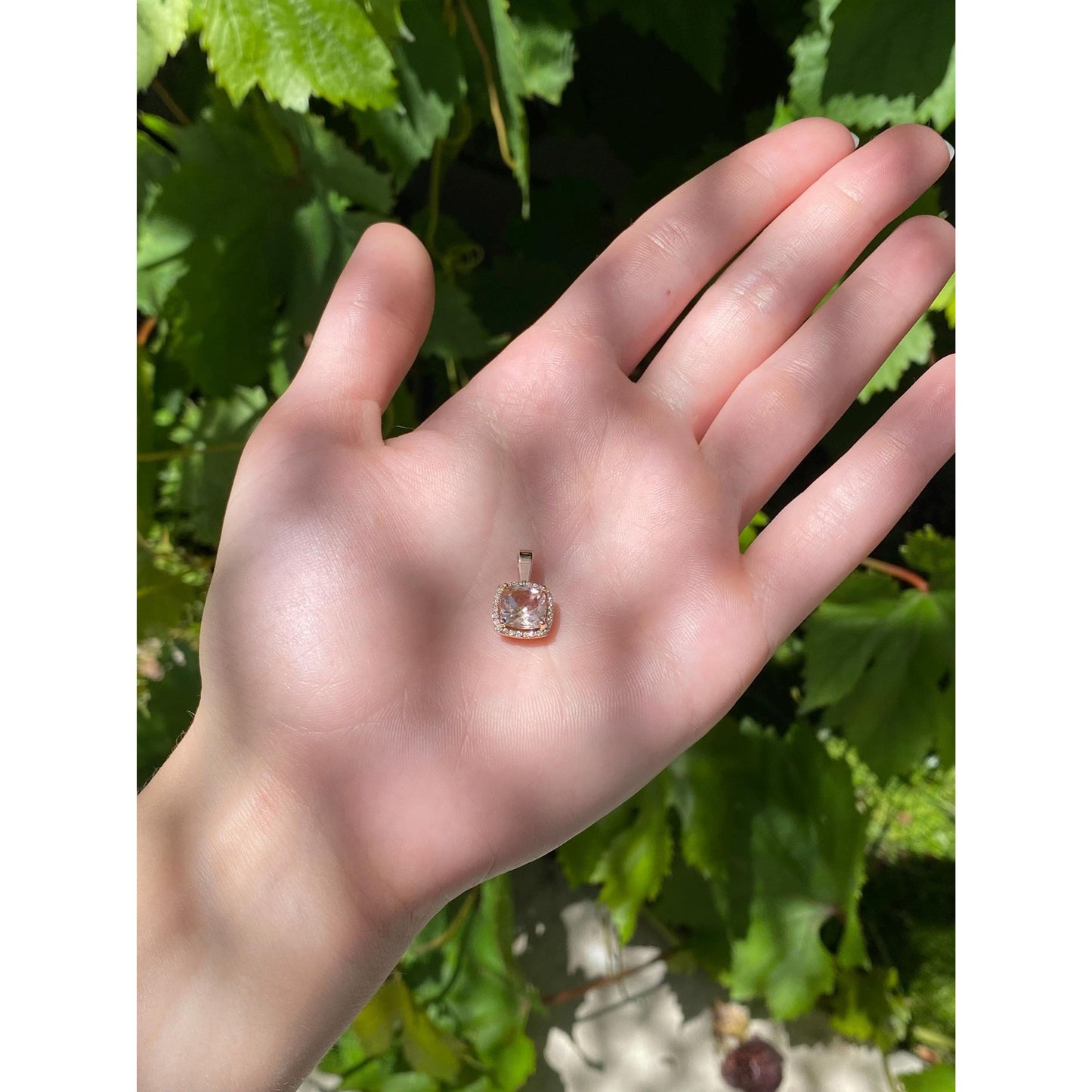 Vintage Solid 14k Rose Gold Diamond Halo Pink Quartz Charm