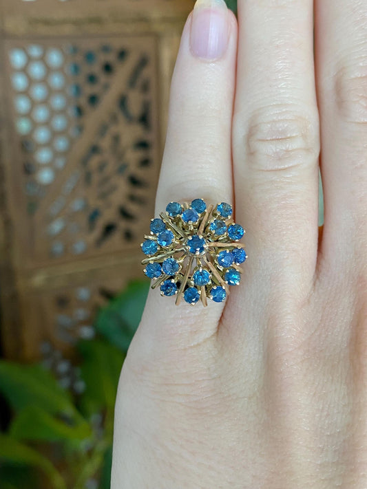 Vintage Solid 14k Yellow Gold Blue Sapphire Cluster Ring - Size 4