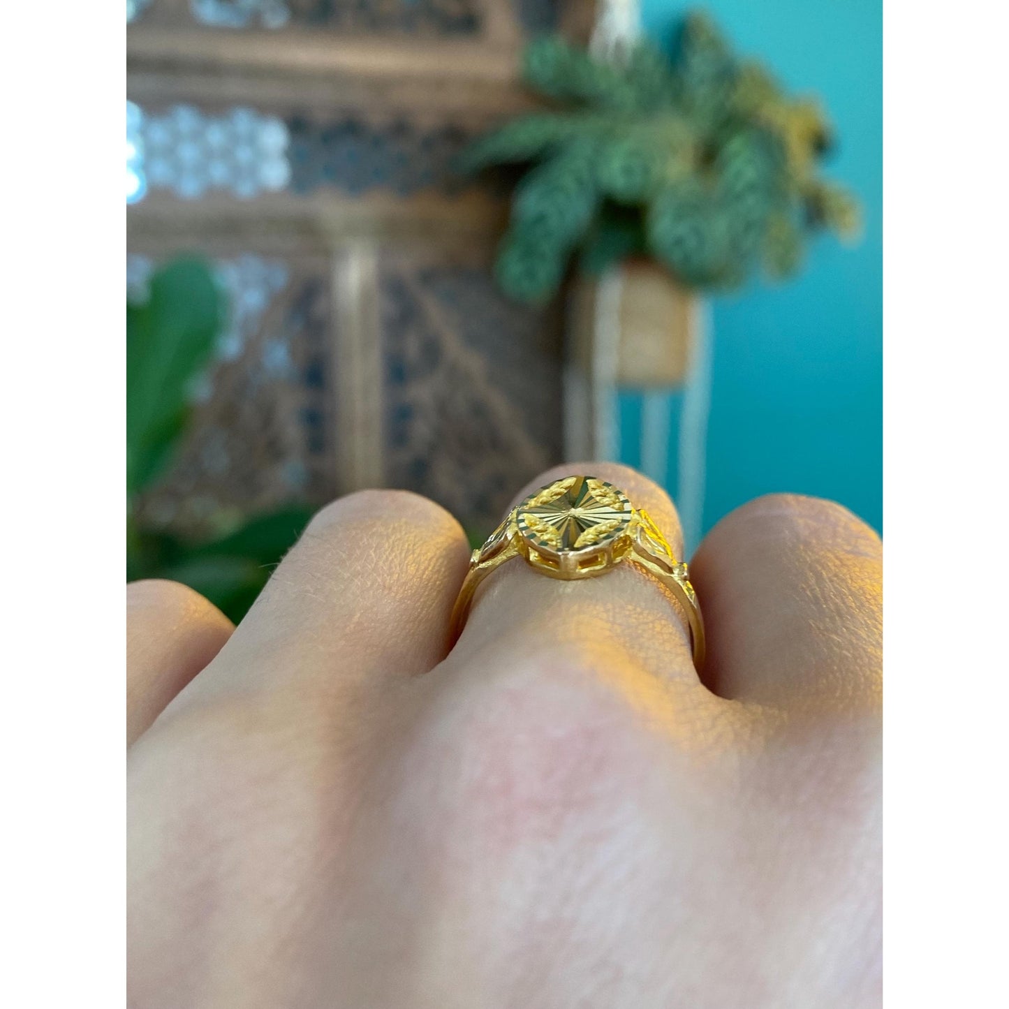 Solid 21k Yellow Gold Diamond Cut Ring - Size 7.75