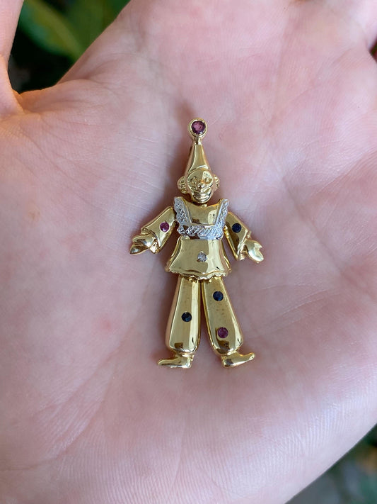 Vintage Solid 18k White & Yellow Gold Pink Blue Spinel Clear Cubic Zirconia Articulated Clown Charm