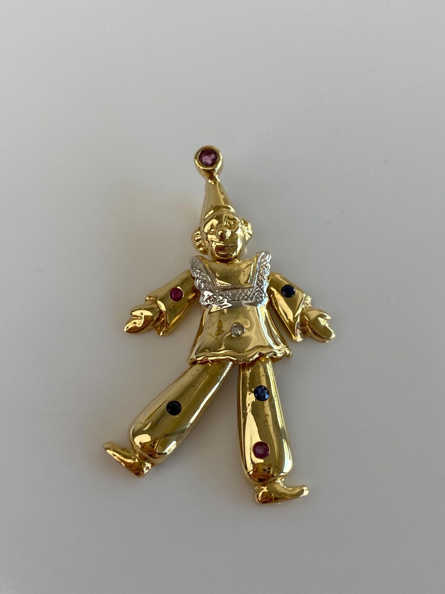 Vintage Solid 18k White & Yellow Gold Pink Blue Spinel Clear Cubic Zirconia Articulated Clown Charm