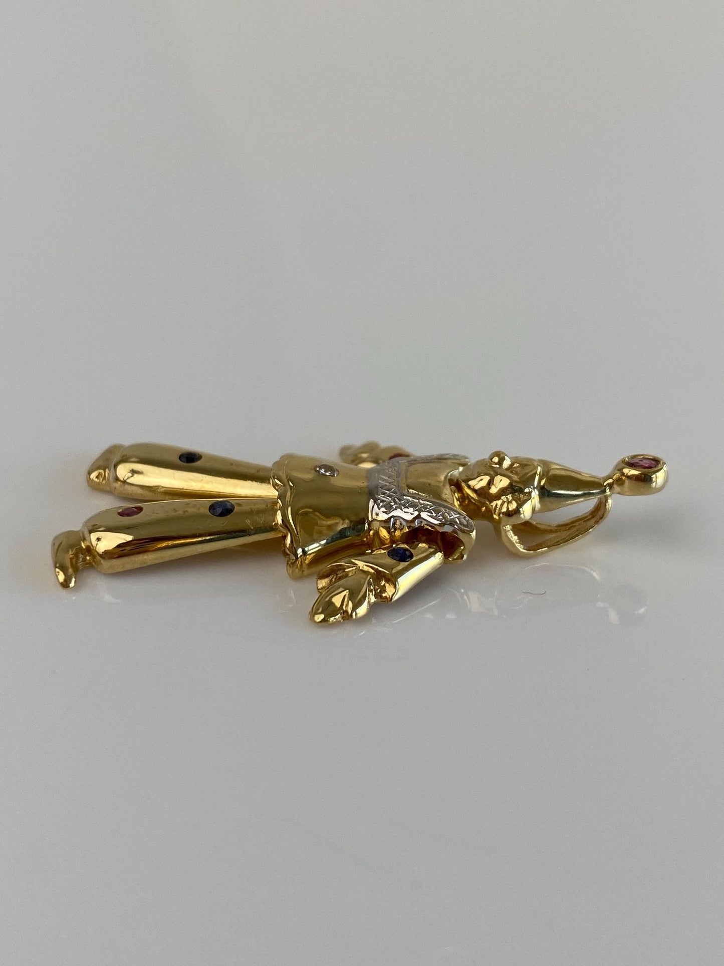 Vintage Solid 18k White & Yellow Gold Pink Blue Spinel Clear Cubic Zirconia Articulated Clown Charm