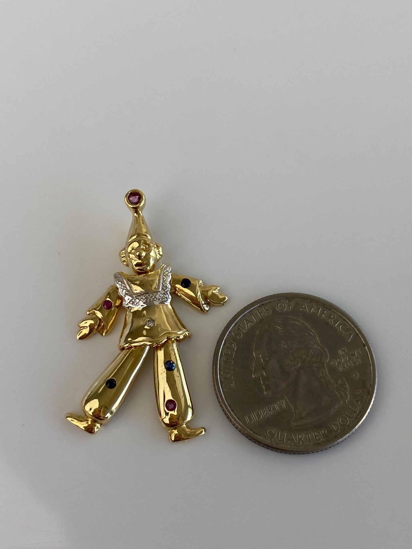 Vintage Solid 18k White & Yellow Gold Pink Blue Spinel Clear Cubic Zirconia Articulated Clown Charm