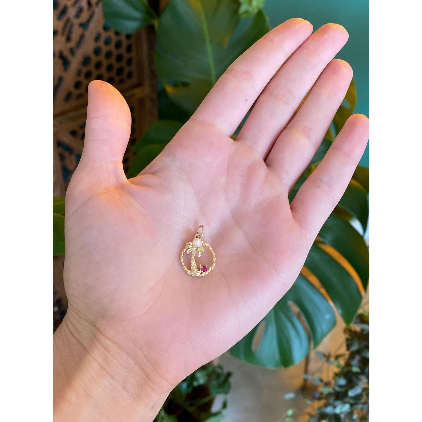 Vintage Solid 14k Yellow Gold Pink Spinel Pearl Palm Tree Charm