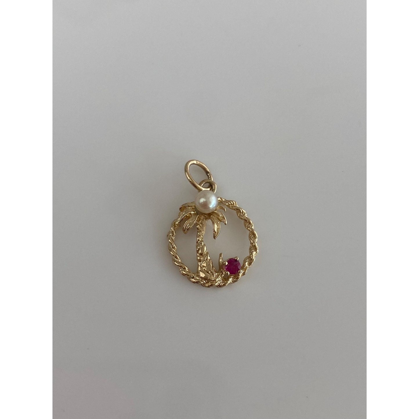 Vintage Solid 14k Yellow Gold Pink Spinel Pearl Palm Tree Charm