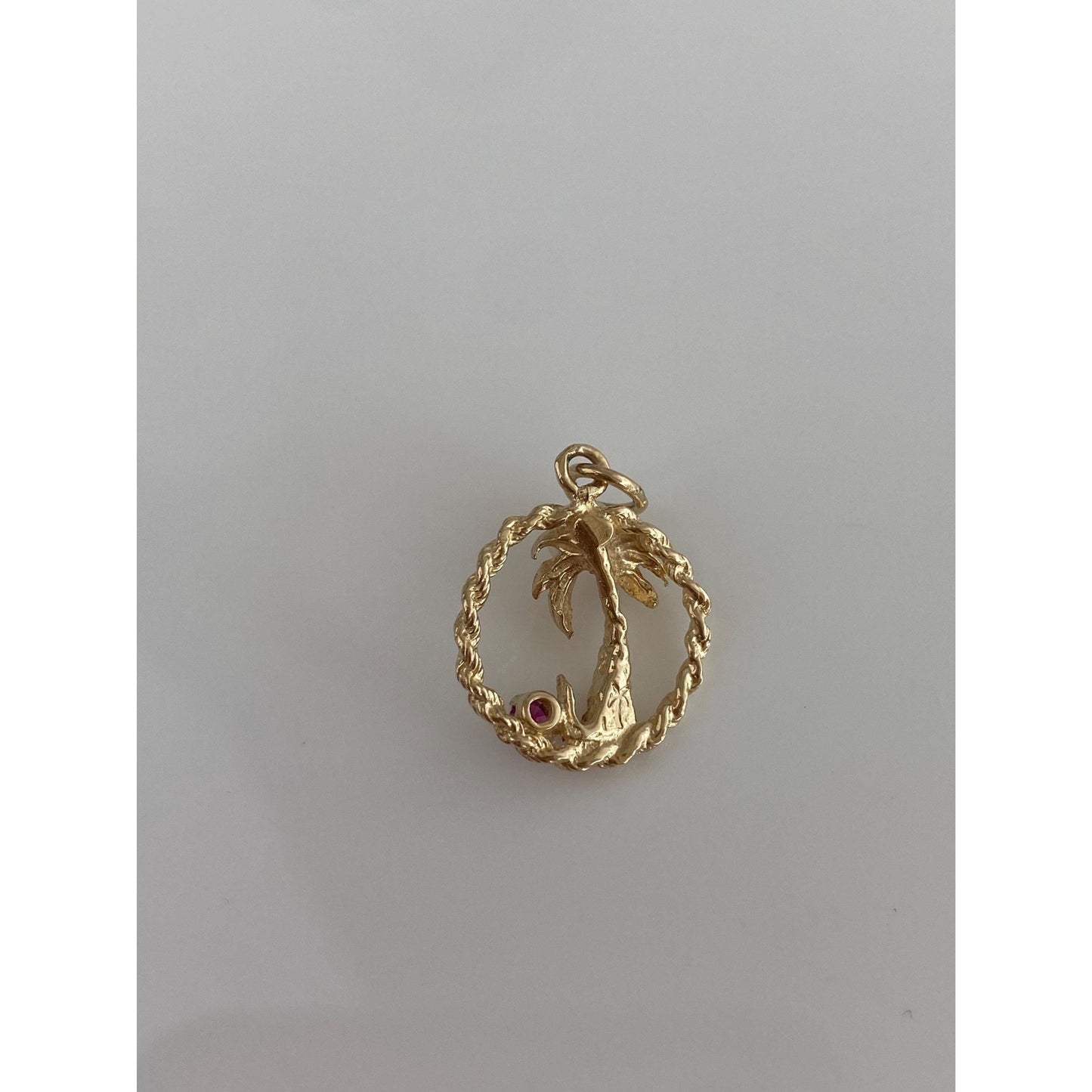 Vintage Solid 14k Yellow Gold Pink Spinel Pearl Palm Tree Charm
