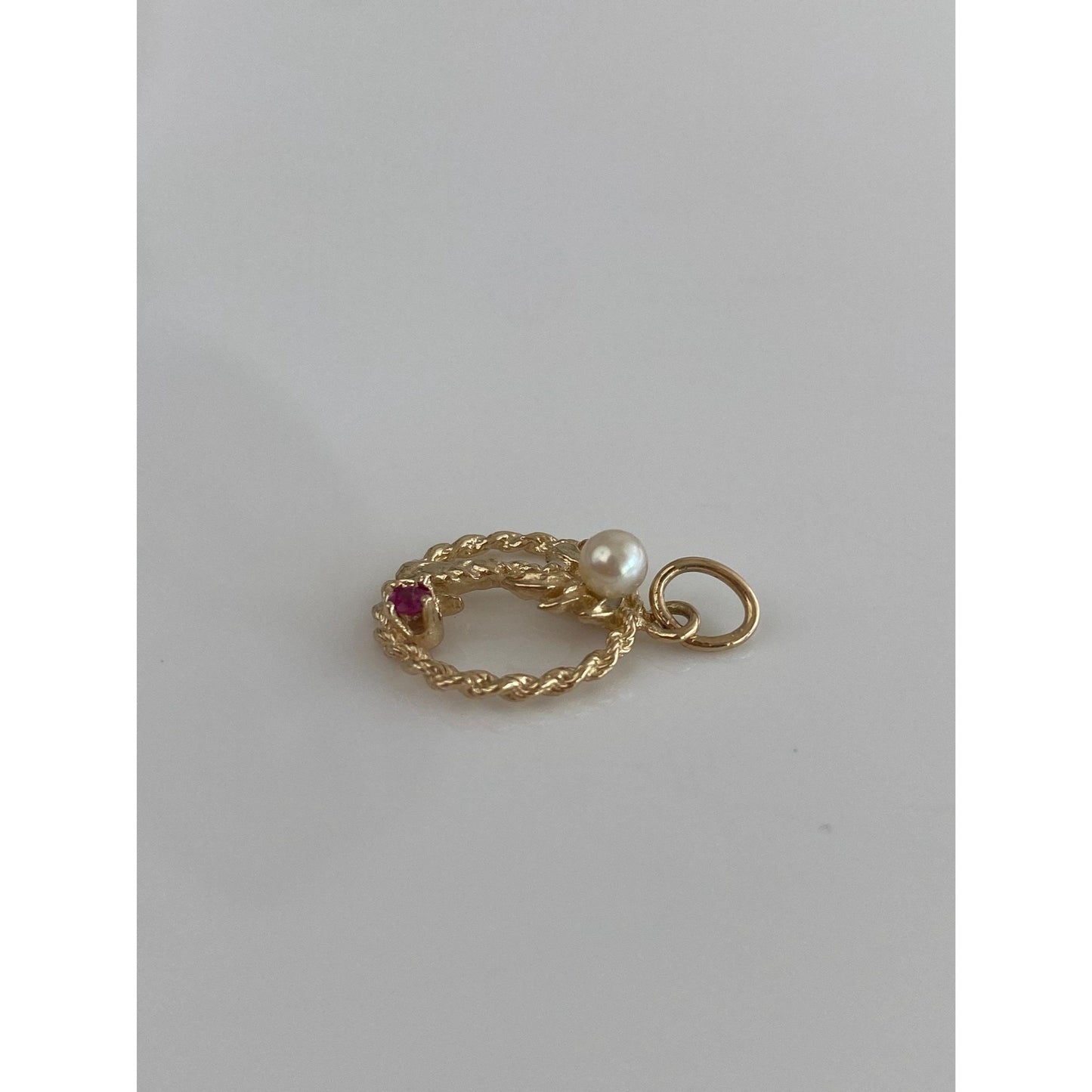Vintage Solid 14k Yellow Gold Pink Spinel Pearl Palm Tree Charm