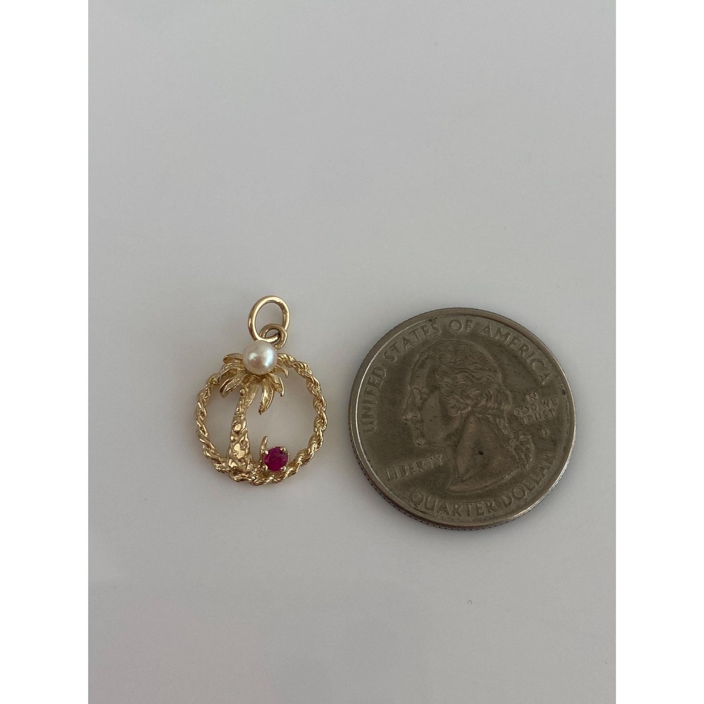 Vintage Solid 14k Yellow Gold Pink Spinel Pearl Palm Tree Charm