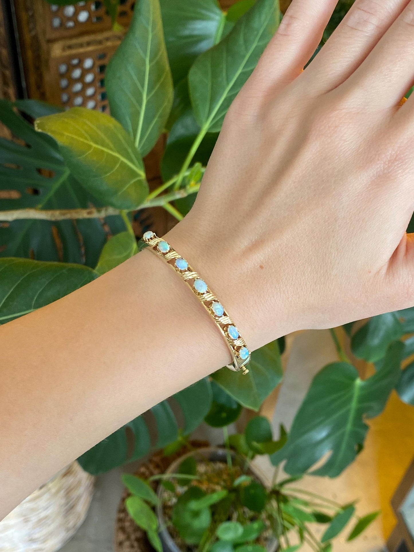 Vintage Solid 14k Yellow Gold Opal Bangle Bracelet - 6 1/4 Inches