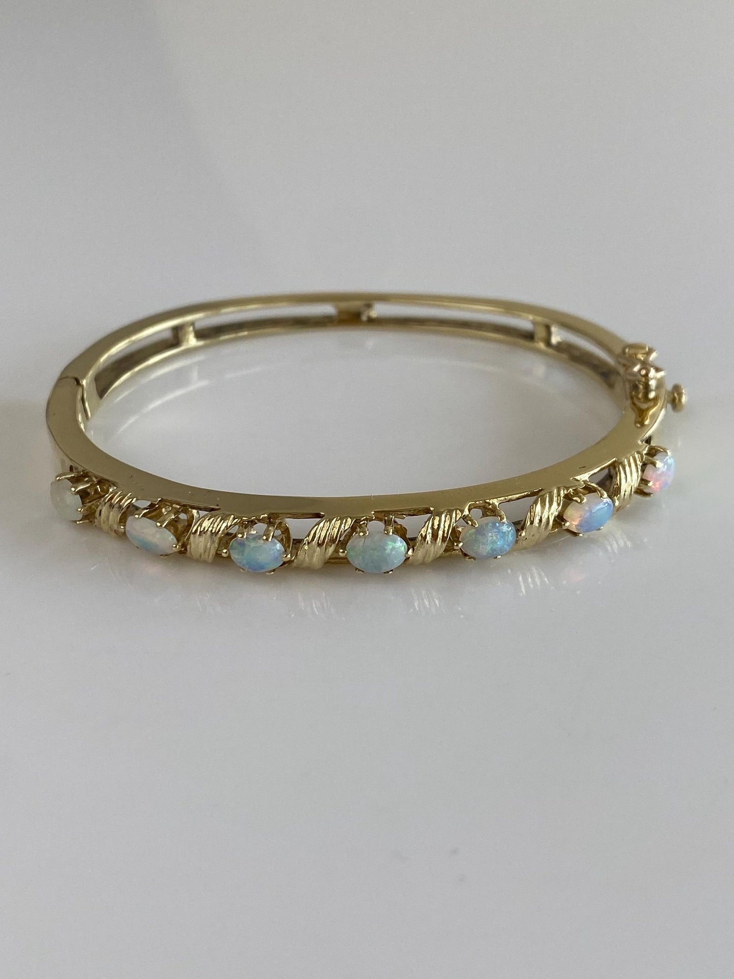Vintage Solid 14k Yellow Gold Opal Bangle Bracelet - 6 1/4 Inches