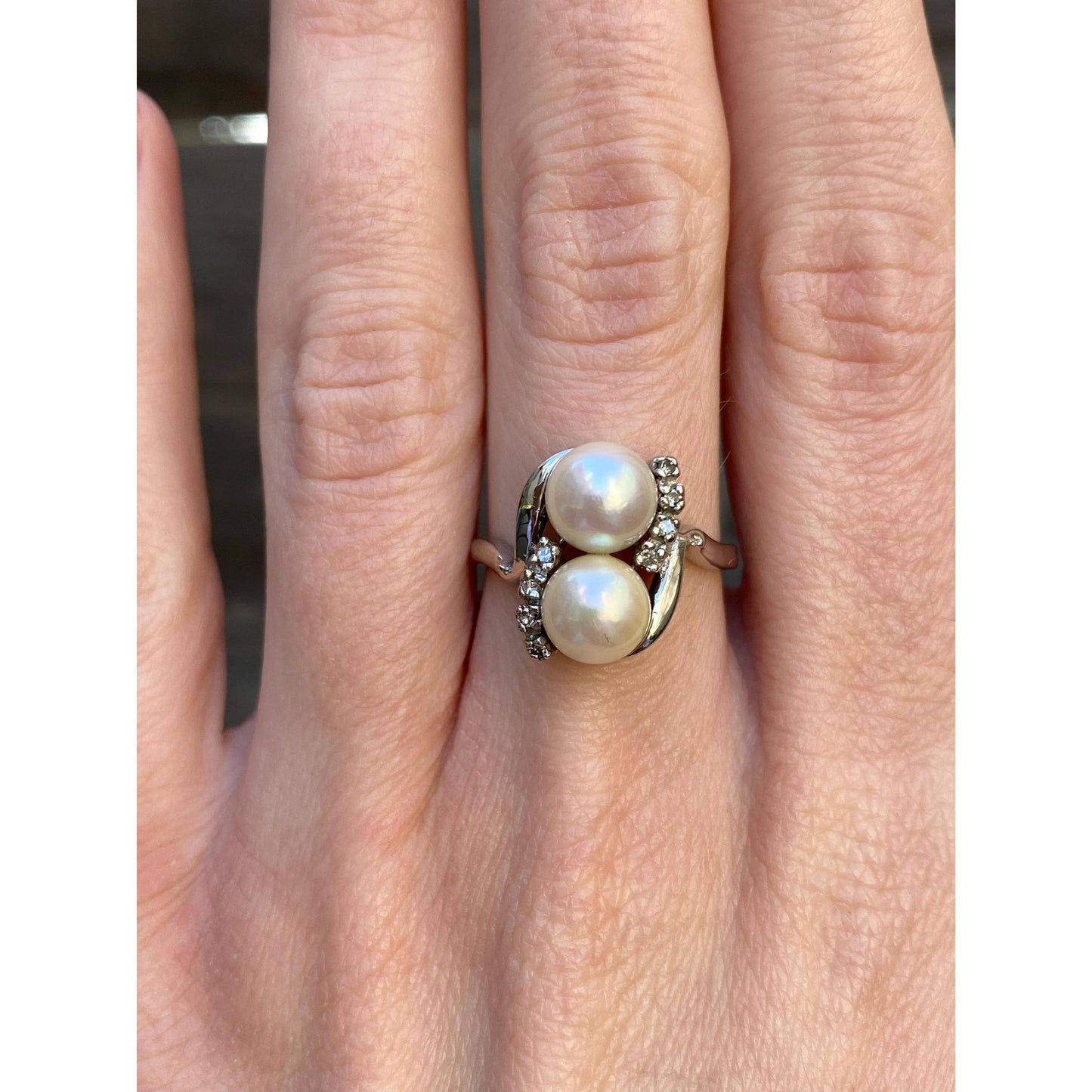 Vintage Solid 14k White Gold Pearl Diamond Ring - Size 6.25