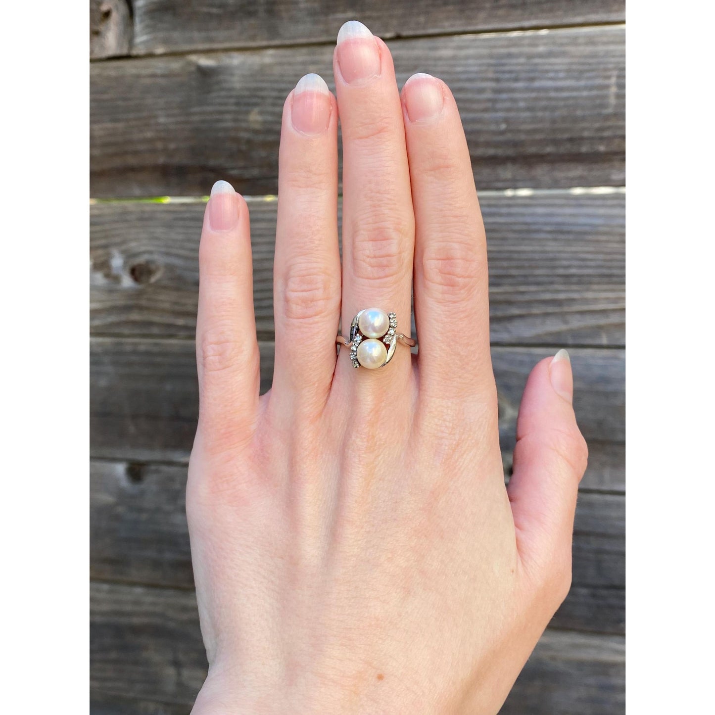 Vintage Solid 14k White Gold Pearl Diamond Ring - Size 6.25