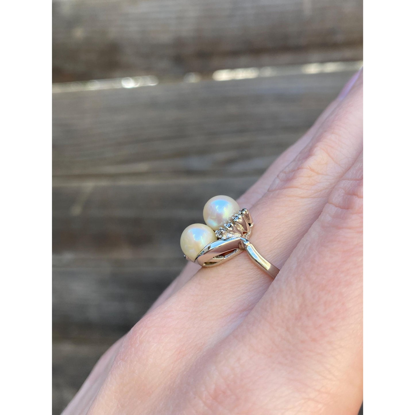 Vintage Solid 14k White Gold Pearl Diamond Ring - Size 6.25